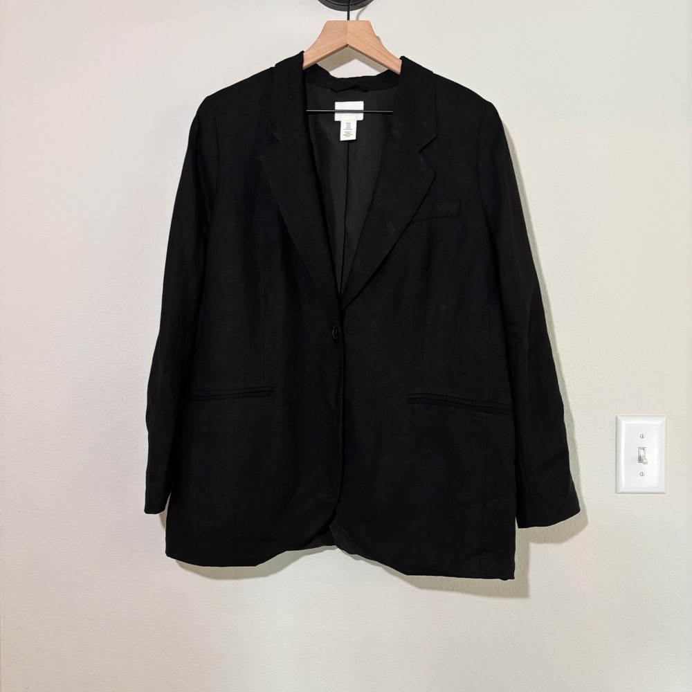 H&M Blazer Single Button Size M Linen Blend Black Dark Academia Minimalist